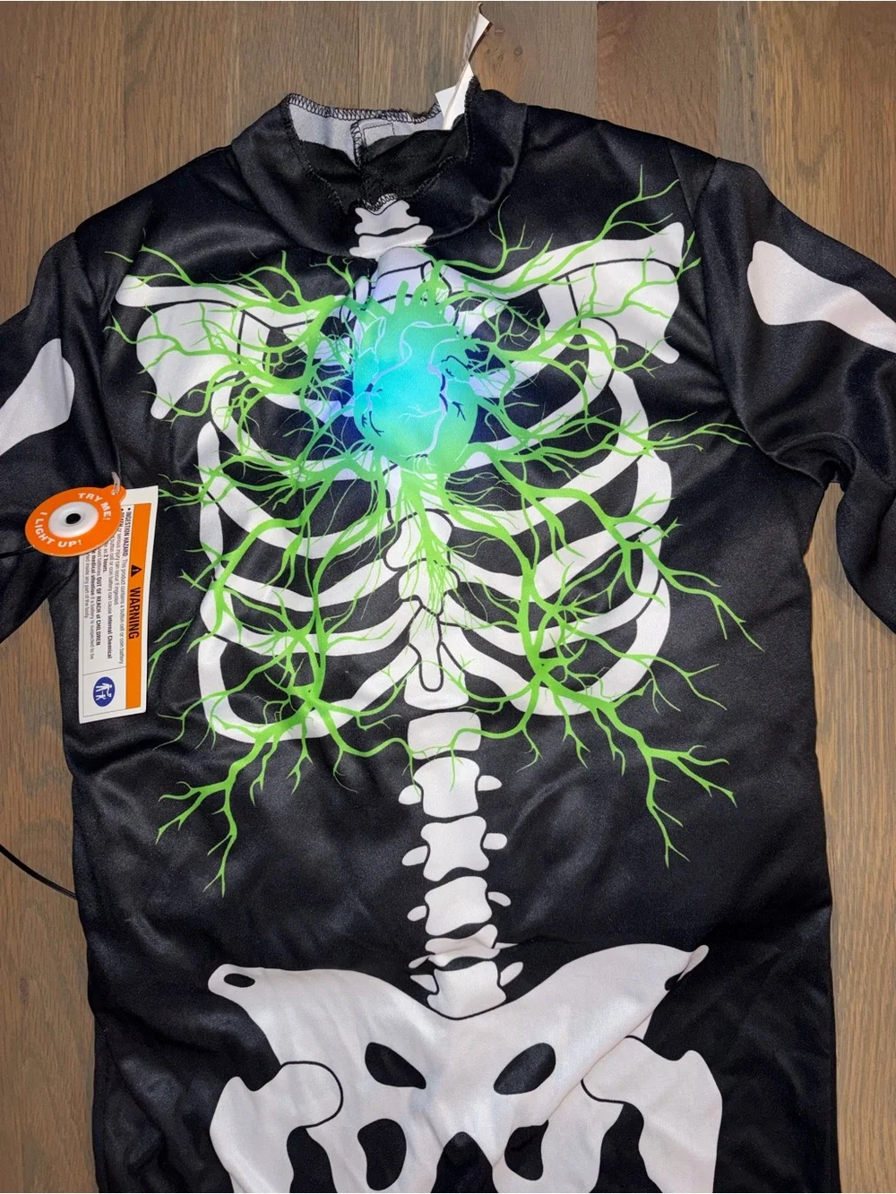 NWOT Youth Light Up Skeleton Halloween Costume Bodysuit One Piece Black